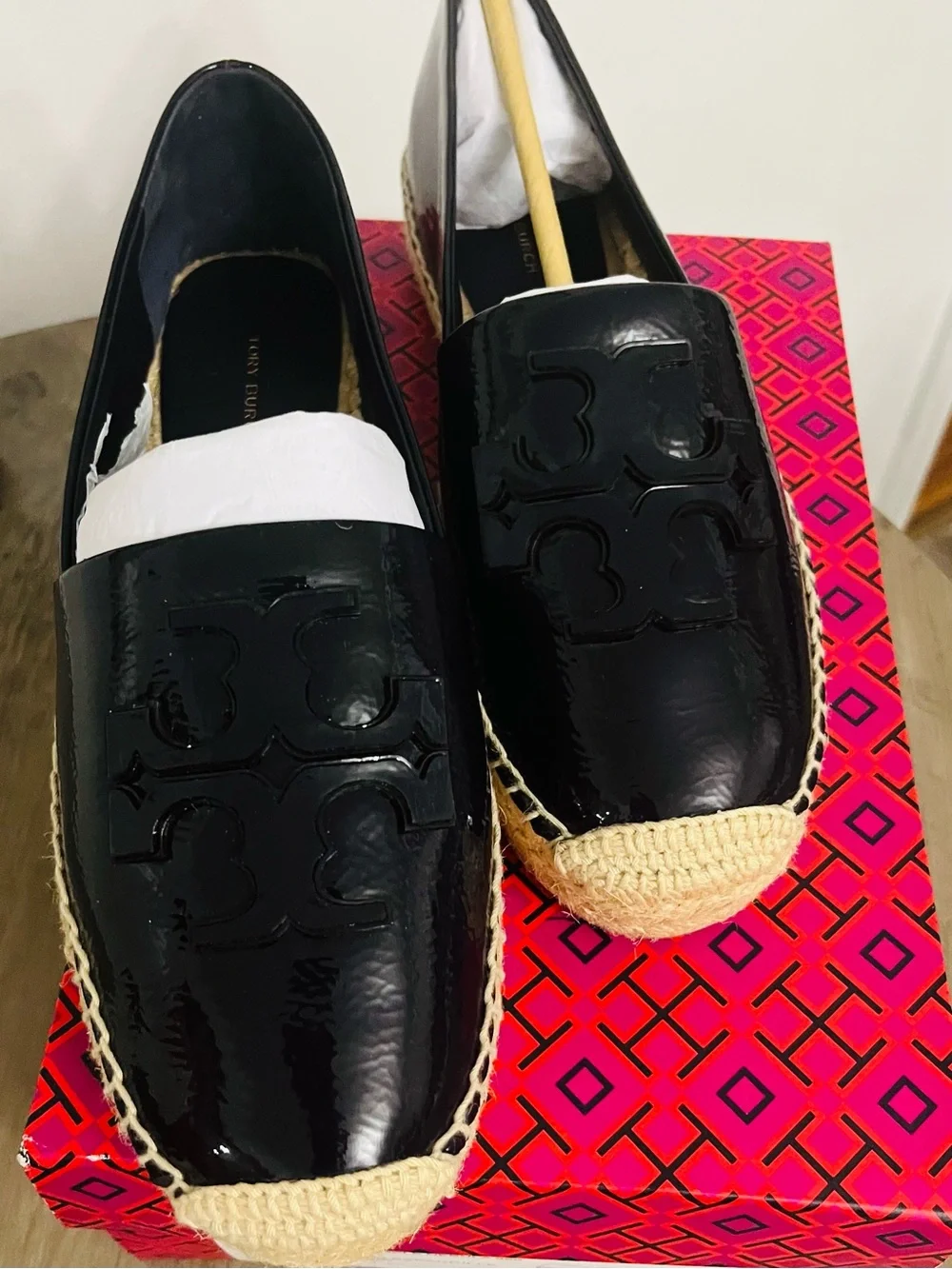 Tory Burch New Black Patent Espadrille Loafers with Woven Sole🔥🔥